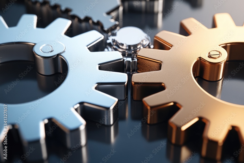 Poster interlocking metallic gears, symbolizing teamwork, precision, and the intricate workings of a comple