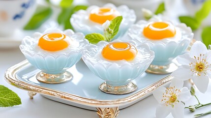 Elegant Poached Eggs in Delicate Flower Shaped Dishes on a Tray with White Blossoms