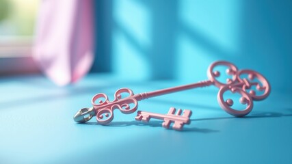 Pastel pink ornate keys rest on a light blue surface near a blurred pink curtain