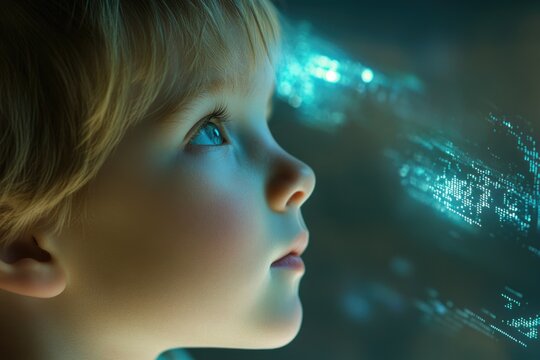 A child's profile, illuminated by a futuristic, data-driven teal glow, gazing into the digital future.