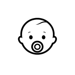 Fototapeta premium Simple black and white vector illustration of a baby face with a pacifier, symbolizing infancy, parenting, and childcare.