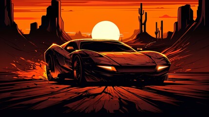 car on the road with the in the landscape illustration 