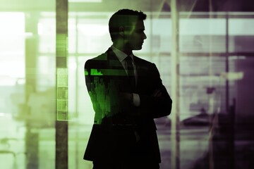 A pensive businessman stands with arms crossed, superimposed with data, suggesting strategic thinking and data analysis in business.