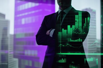 Businessman silhouette superimposed on financial data charts, symbolizing market analysis and strategic planning.