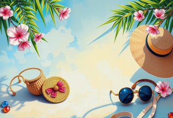 Fototapeta premium Charming summer accessories displayed on an oil painting canvas background, canvas, fashion