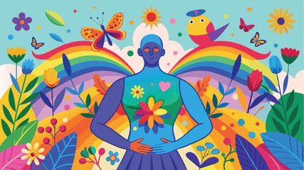 Colorful vector illustration of a blue silhouette surrounded by vibrant flowers and butterflies, depicting harmony with nature and transformation in a bright, whimsical setting