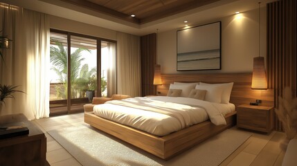Cozy interior design of modern bedroom with wooden bed.