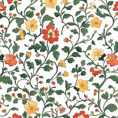 Seamless Floral Pattern Elegant Red, Yellow & Green Flowers on White Background