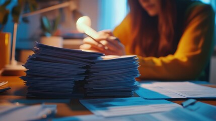 Focused professional reviewing paperwork at her desk under warm ambient lighting