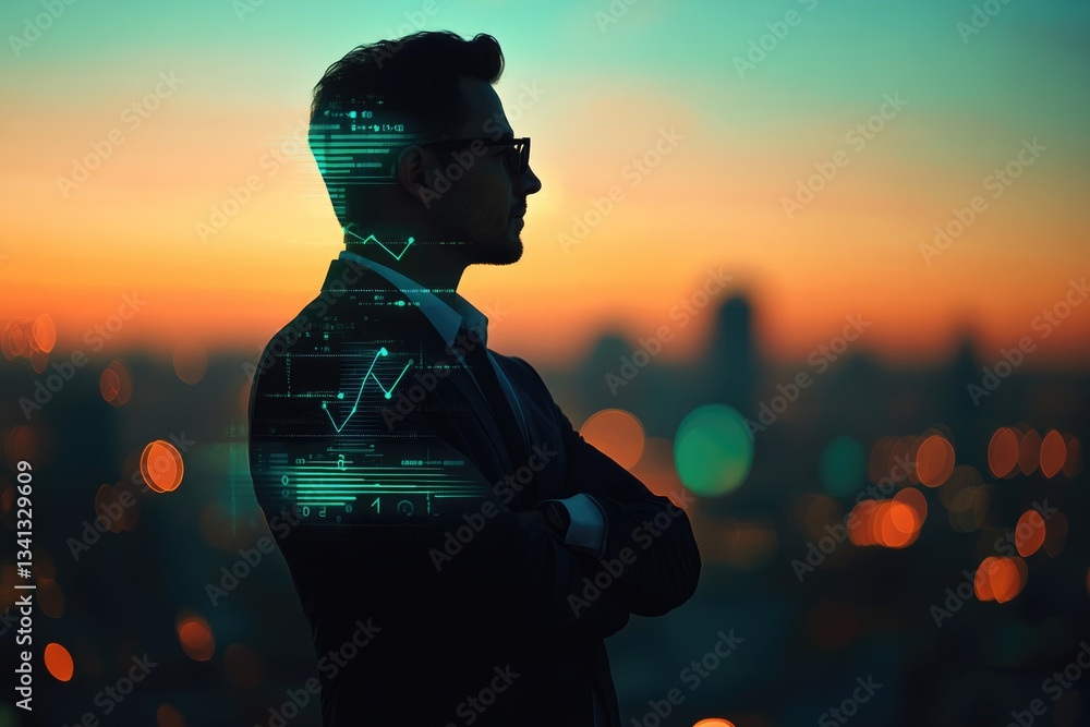 Poster a silhouette of a businessman with data overlay, symbolizing digital transformation and technologica