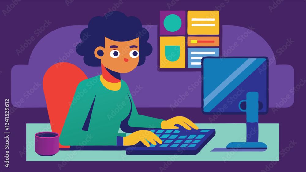 Poster creative individual working at a desk using a computer while surrounded by elements of digital desig