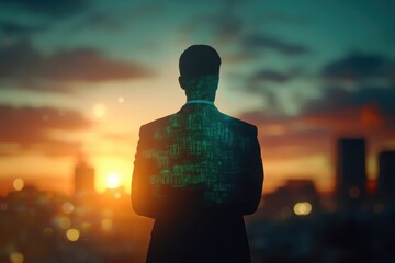 Silhouette of a businessman with a digital code overlay, standing against a sunset cityscape.