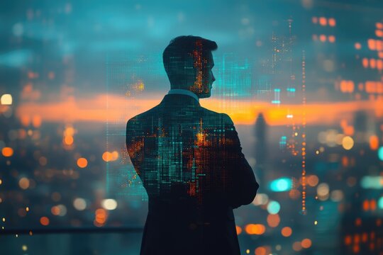 A businessman silhouetted against a city skyline, overlaid with a digital data stream, symbolizing technological advancement and urban progress.