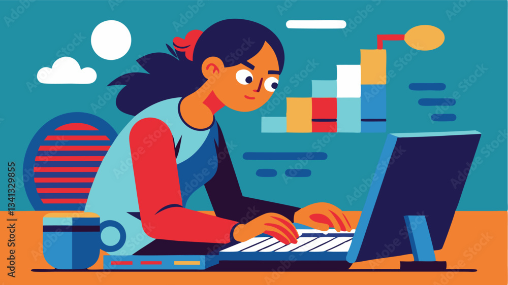 Poster creative individual working at a desk using a computer while surrounded by elements of digital desig
