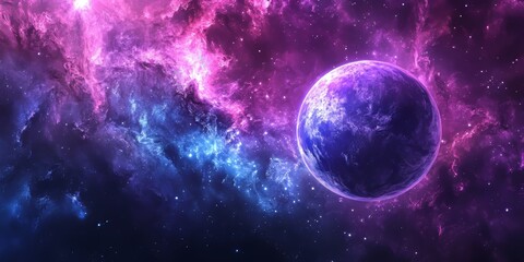 Obraz premium Purple and Blue Galaxy with Planet A Stunning Display of Cosmic Beauty, Nebulas, and Stars