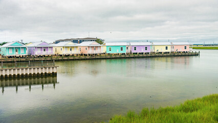 Chincoteague, a landscape of waterfront hotels and inns. Popular tourist destination on the East...