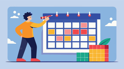 Creative individual marking a schedule on a colorful calendar in a bright workspace with building blocks in vibrant colors