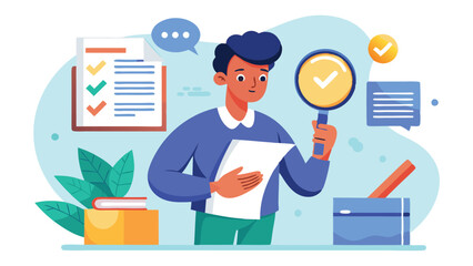 Illustration of a woman examining documents with a magnifying glass in a modern office setting surrounded by plants and organized materials