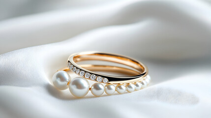 Elegant Pearl And Gold Rings On White Fabric