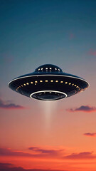 Flying ufo saucer suspended in sunset sky with glowing lights in tranquil scene.