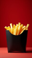 Golden French Fries in Black Pack Against Bold Red Backdrop