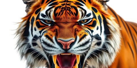 Fototapeta premium Close-up of a majestic tiger's head, fierce expression, sharp details, isolated on pure white, detail, carnivore