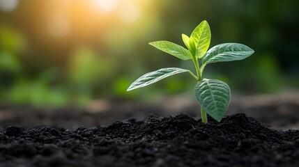 A vibrant green seedling sprouts from rich dark soil illuminated by warm sunlight signifying new growth and environmental sustainability.