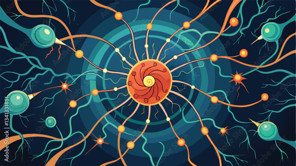 Fototapete Colorful abstract vector illustration depicting interconnected lines and nodes, representing a network or neural connection in a dynamic digital environment