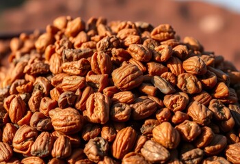 Naklejka premium Close-up of a mountain of dried dates, rich brown hues, intricate textures, mineral, harvest