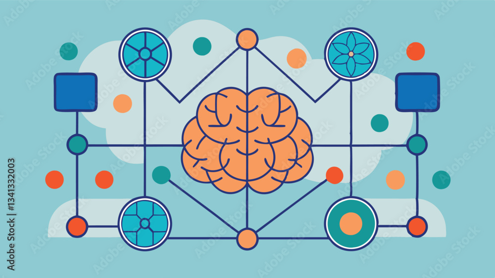 Poster Creative vector illustration depicting a brain in the center connected to various geometric shapes against a vibrant background