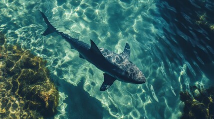 Obraz premium A great white shark swimming near the surface of crystal-clear ocean water