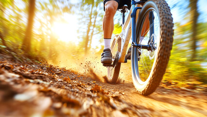 Naklejka premium Male cyclist mountain biking on forest trail in vibrant sunset