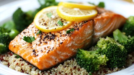 Exquisite grilled salmon fillet served over quinoa with fresh broccoli florets