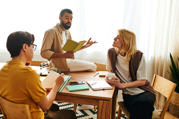 Engaging dialogue among young men at a modern book club in a cozy home setting