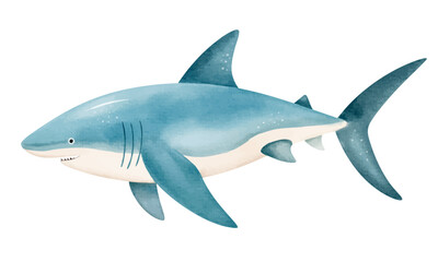Cute watercolor shark. Hand drawn underwater character. Marine animals. Inhabitant of the ocean