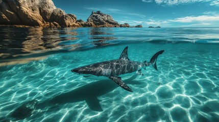 Fototapeta premium A great white shark swimming near the surface of crystal-clear ocean water
