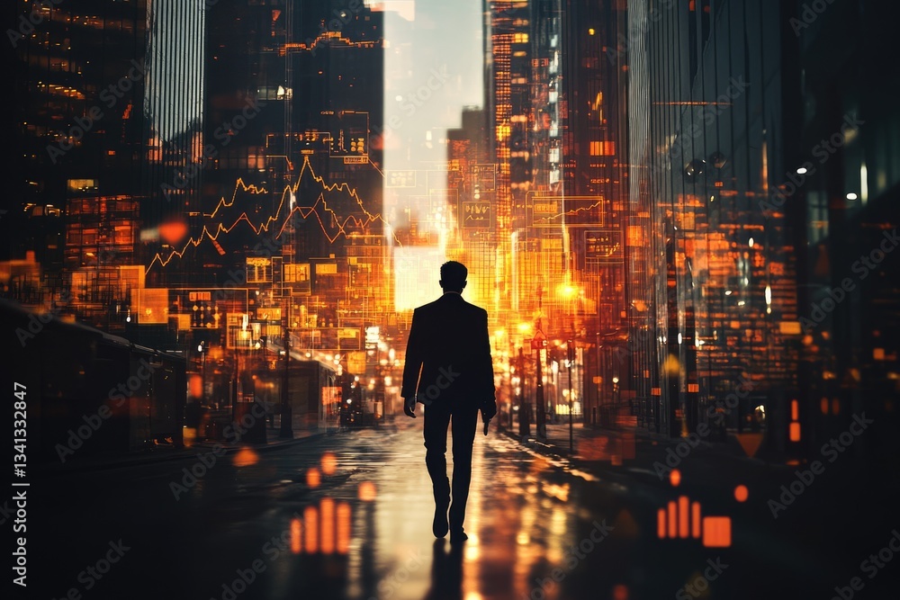 Poster a lone businessman walks through a futuristic city, illuminated by glowing data streams and graphs.