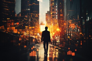 A lone businessman walks through a futuristic city, illuminated by glowing data streams and graphs.