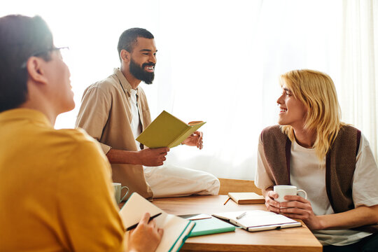 Engaging discussion at a cozy book club with stylish young men exploring literature together