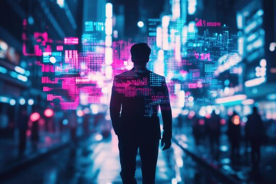 A businessman stands silhouetted against a vibrant cityscape, overlaid with futuristic digital data streams.