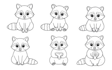 Six adorable cartoon raccoons for coloring