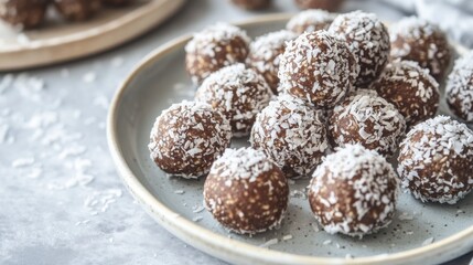 Exquisite homemade date energy balls sprinkled with shredded coconut, food styling