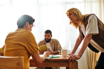 Engaging conversation among young men in a cozy reading club at home during a sunny afternoon