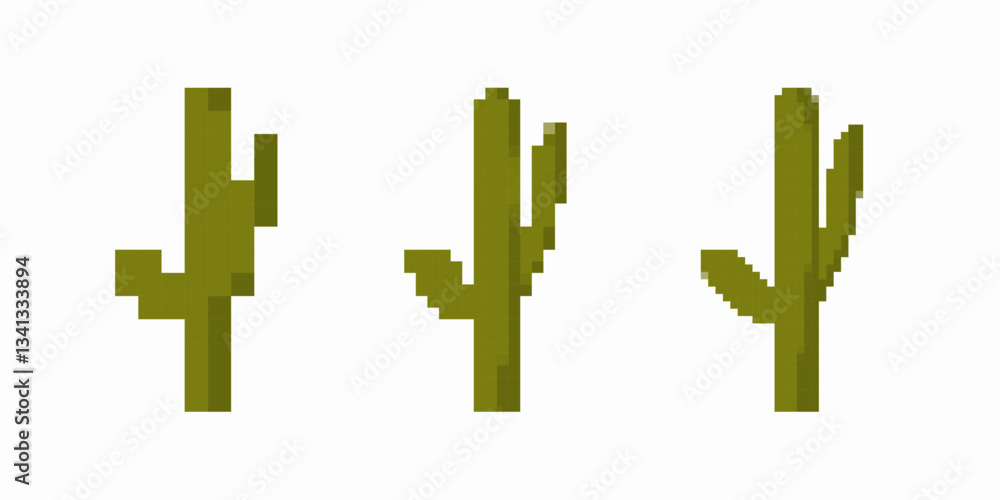 Poster three pixel art cacti displayed in a simple and minimalist style, each with a unique green design.