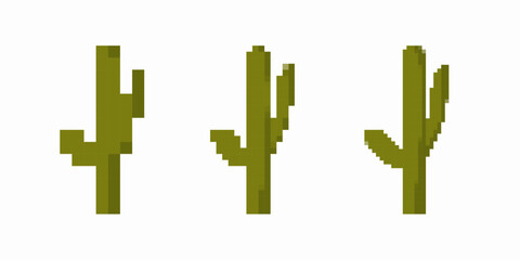 Three pixel art cacti displayed in a simple and minimalist style, each with a unique green design.