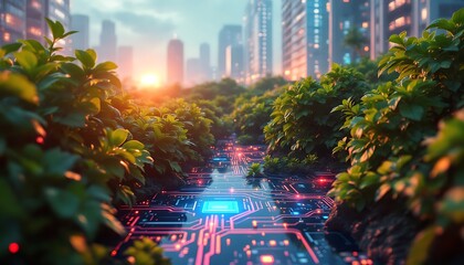 Technology Meets Nature with Glowing Circuit Path in Urban Landscape