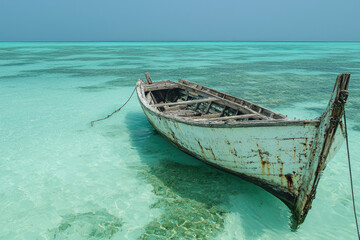 Obraz premium An old, weathered wooden boat rests peacefully in clear, turquoise shallows of a tropical ocean.