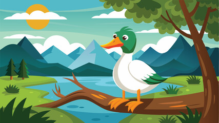 Colorful vector illustration of a duck standing on a branch near a serene pond surrounded by mountains and lush greenery at sunset