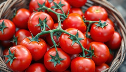 Close-up of plump, red tomatoes overflowing a rustic wooden basket, market, wooden
