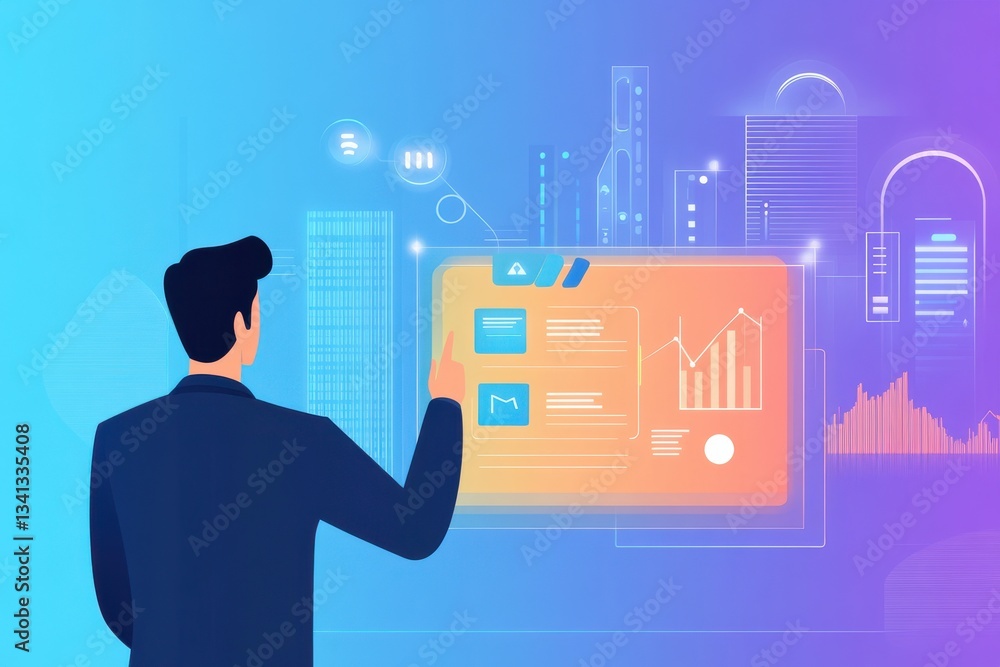 Aufkleber businessman using innovative data visualization technology interface